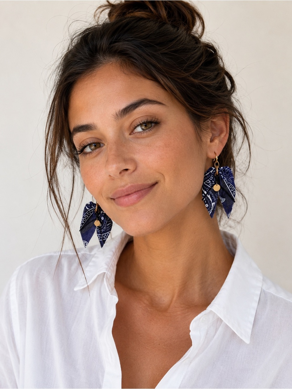 ⭐️Free People Ariana Ost Mae Scarf Dangle Earrings Blue & Red Bandana Gold Tone